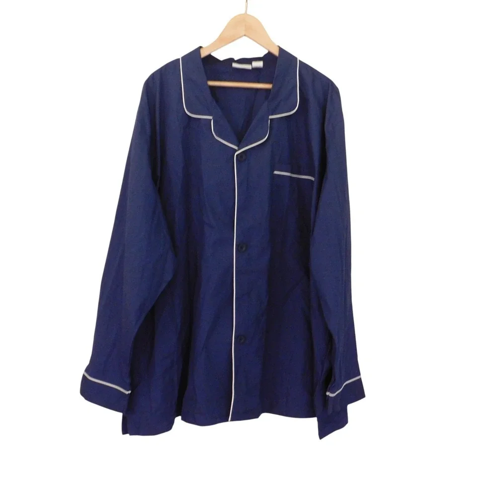 NEW Mens Cotton Pajamas Long Sleeve 2 Pc Button Front Navy Blue Size 4X